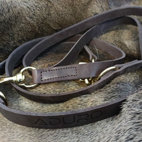 Hundeleine aus braunem Leder auf Wilddecke