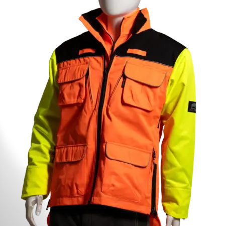 ADURO Hundeführerjacke – Frontansicht auf Schaufensterpuppe in Orange-Schwarz-Gelb mit mehreren Taschen