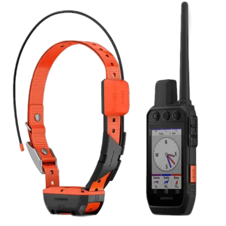 Garmin Alpha 300i K + T-20K Bundle – orangefarbenes T-20K Hundehalsband mit Antenne und Alpha 300i K Handgerät nebeneinander, Freisteller
