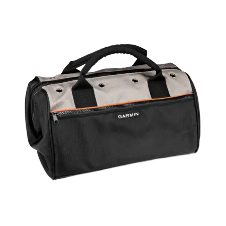 Garmin Tragetasche mit Henkeln – schwarze Tasche mit grauem Oberteil, Garmin-Logo und Reißverschlussfach, schräge Ansicht